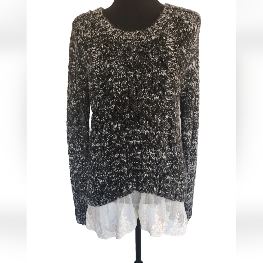 POL Black White Open Cable Knit Sweater Cotton Blend Lace Trim Long Sleeve Sz S